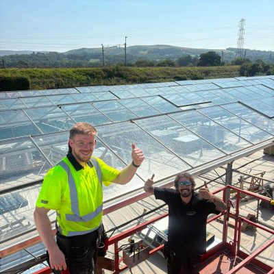 Commercial Glasshouse Roof, prior to installation of new composite panels.